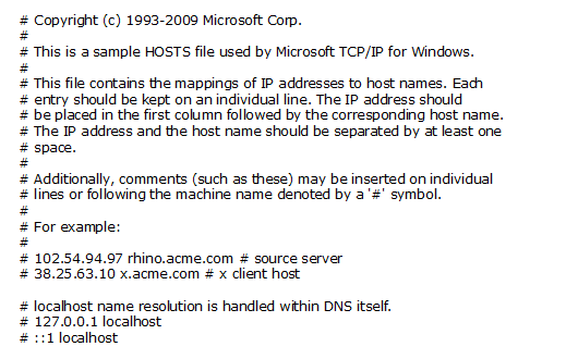 Как должен выглядеть файл Hosts на Windows 7