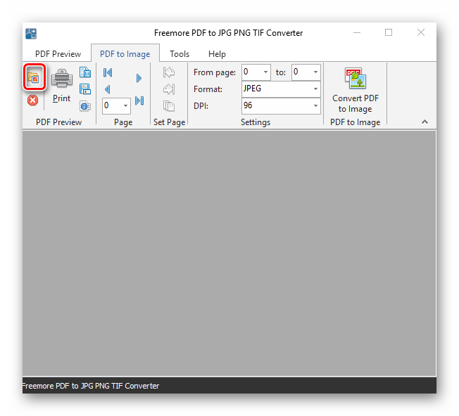 Начальная страница конвертера Freemore PDF to JPG PNG TIF Converter