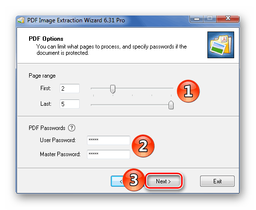 Настройка выборки страниц и пароля от PDF в Extraction-Wizard