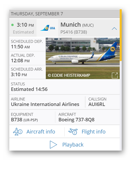 Основные данные о самолете и рейсе на FlightRadar24
