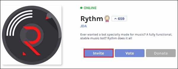 Кнопка Invite на странице Rhytm