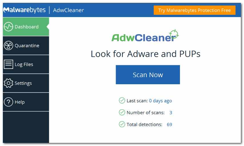 AdwCleaner: главное окно (кнопка начала сканирования 