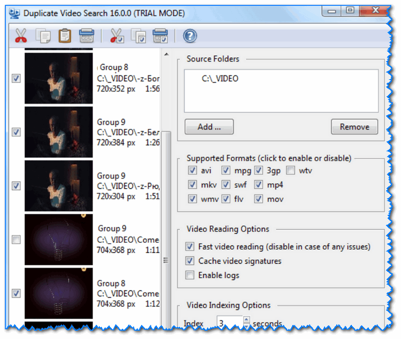 Duplicate Video Search - главное окно программы (настройки поиска)