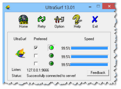 Пульт управления утилитой Ultrasurf