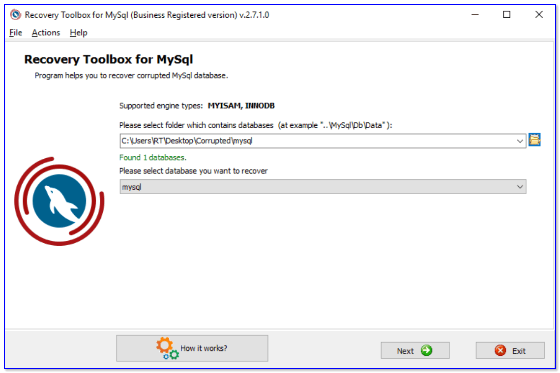 Recovery Toolbox for MySQL — скриншот главного окна программы