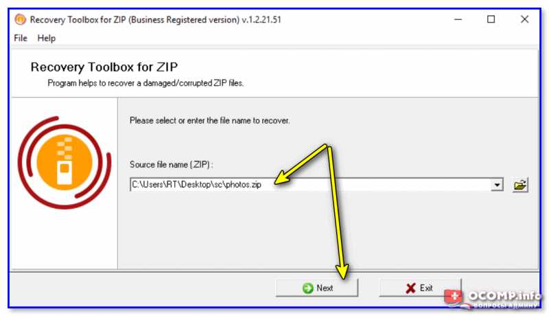 Recovery Toolbox for ZIP — скриншот работы программы
