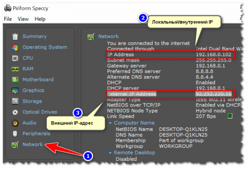 Specy - просмотр IP-адресов, раздел Network
