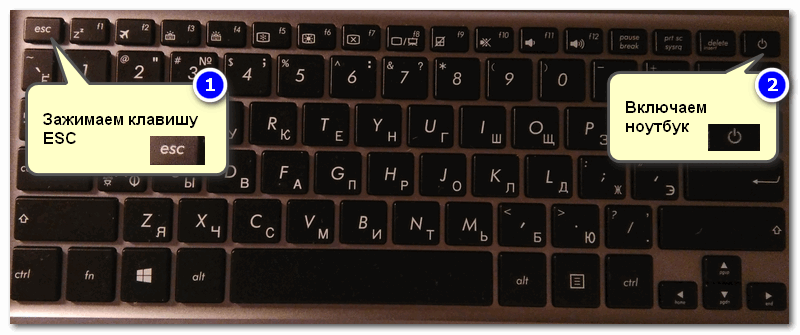 Способ 2 - зажимаем клавишу ESC и включаем ноутбук