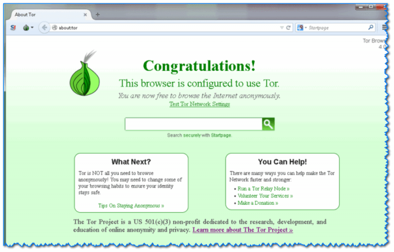Tor Browser - первое окно браузера после запуска