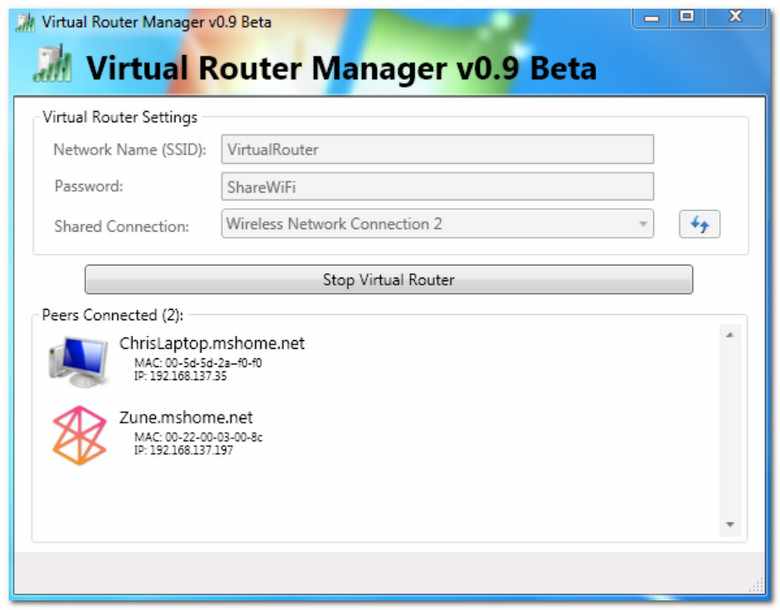 Virtual Router - в прогамме создана Wi-Fi сеть, к которой подключено 2 устройства