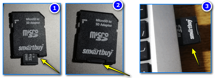 Вставка карты памяти microSD в SD адаптер