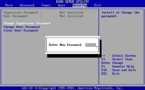 Установить пароль БИОС можно зайдя на вкладку Security меню BIOS Setup