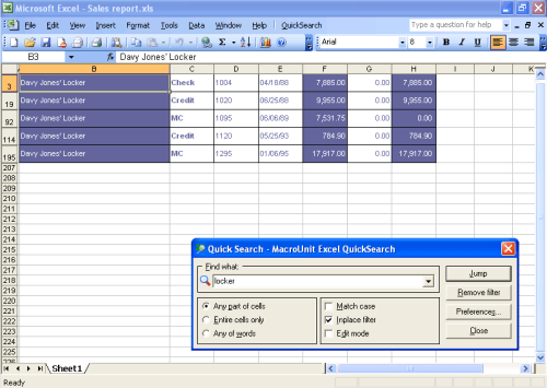 Пример использования инструмента поиск в Excel